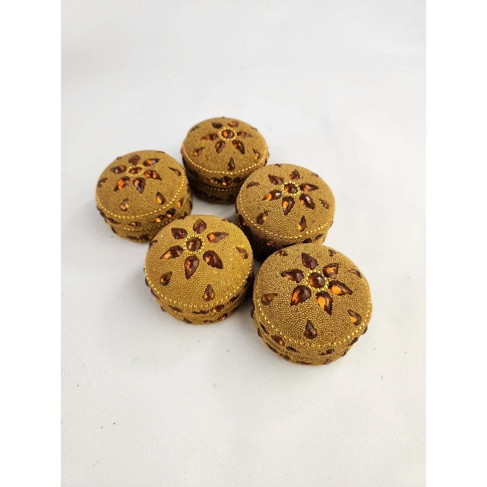 Vtg Round Hand Beaded Trinket Boxes Yellow Gold Beads Jeweled Wedding Set of 5